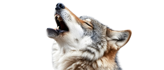 A wolf howling with its head tilted upward, showcasing its natural fur texture. Isolated on White Background, clipping path  - 