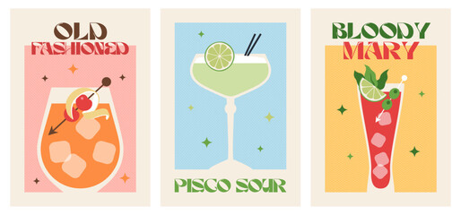 Poster drink set. Cocktail arts. Retro posters with alcohol cocktails. Old fashioned. Bloody mary. Pisco Sour. 90s 80s 70s groovy posters. Modern trendy print. Drink with fruit and ice.