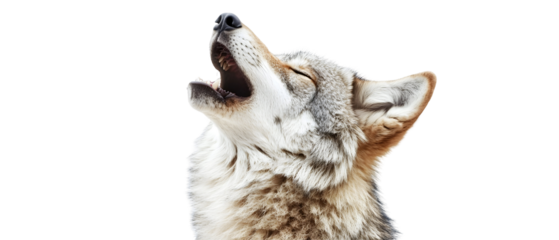 A wolf howling with its head tilted upward, showcasing its natural fur texture. Isolated on White Background, clipping path  - 