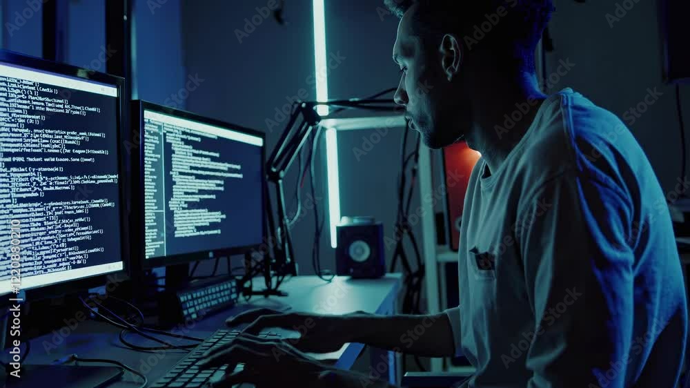 Poster tech enthusiast codes intensely in a dimly lit workspace surrounded by multiple monitors