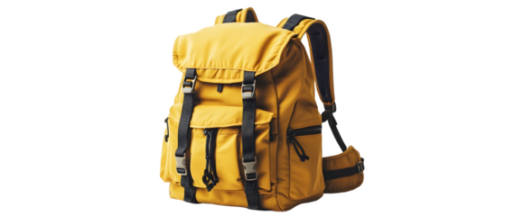 A yellow tourist backpack with multiple compartments and sturdy straps. Isolated on White Background, clipping path  - 