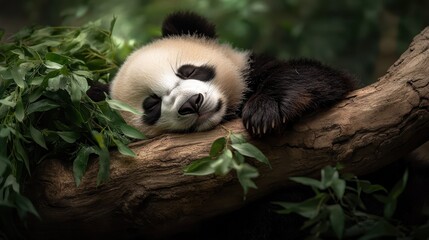 Obraz premium A close-up of a sleeping panda nestled in a tree, surrounded by lush greenery, conveying a sense of calmness and the beauty of wildlife in its natural habitat.