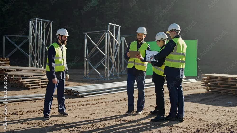 Poster crew discusses project plans on a construction site surrounded by materials during daylight hours