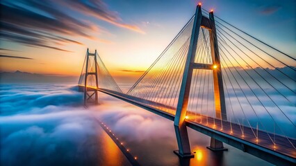 Obraz premium Modern Cable-Stay Bridge in Fog - Dramatic Depth of Field Stock Photo