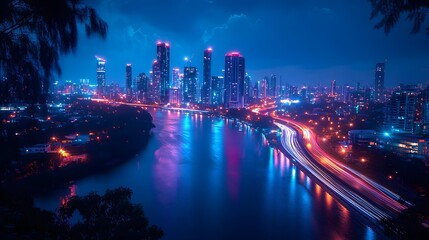 Fototapeta premium Night highway captures flowing light trails from cars in long exposure, creating glowing streaks against dark sky with urban silhouette and neon color effects.