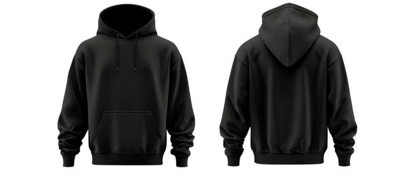 Black hoodie sweatshirt front and back view. Clear mockup for design. Isolated on White Background, clipping path  - 