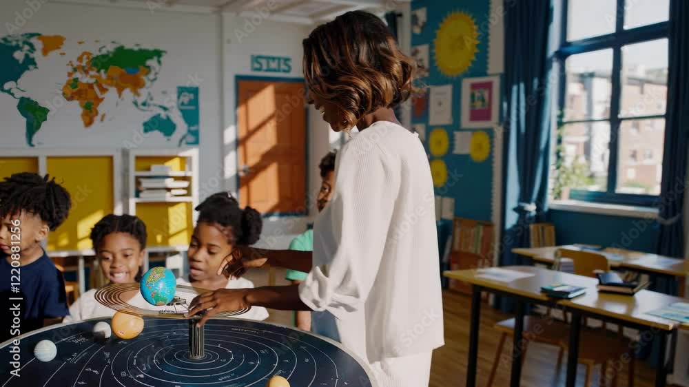 Poster engaging children in hands-on learning about the solar system in a classroom setup