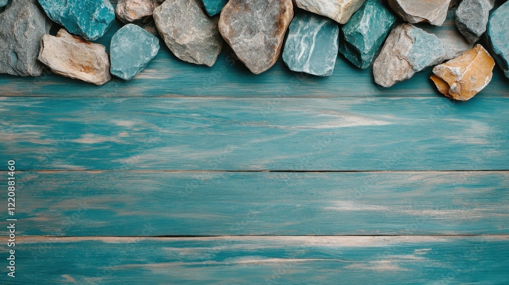 Aufkleber rustic tones of stones resting on a colorful wooden table edge, creating a natural framed space that