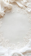 Fototapeta premium Delicate lace embroidery on white tablecloth surrounded by soft fabric, creating elegant and serene atmosphere. Perfect for special occasions or home decor