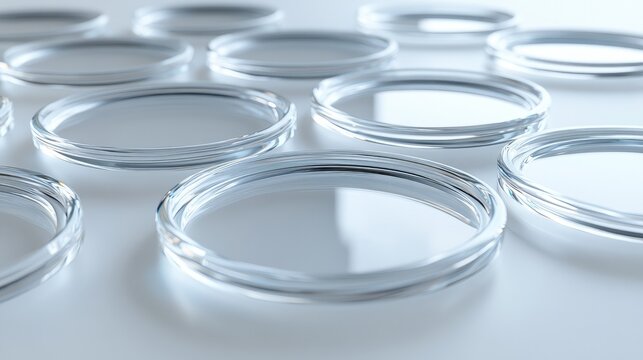 A minimalist arrangement of transparent, curved glass panels laid out in a grid pattern on a soft gradient background.