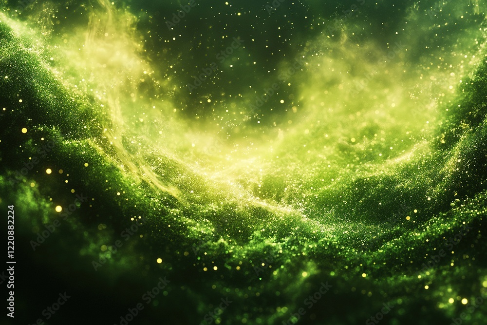 Poster green nebula clouds with sparkling particles in space for cosmic background