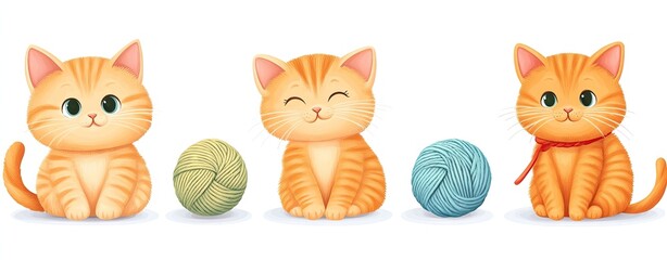 Obraz premium whimsical Isolated cute cartoon pastel Cute cartoon cats playing with colorful yarn balls.