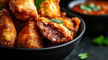 An inviting bowl of crunchy fried pastries, showcasing a flavorful filling that entices the palate, symbolizing comfort food that sparks joy and nostalgia in every bite.