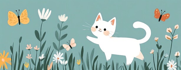 Fototapeta premium whimsical Isolated cute cartoon pastel Playful cat exploring a flower-filled garden.