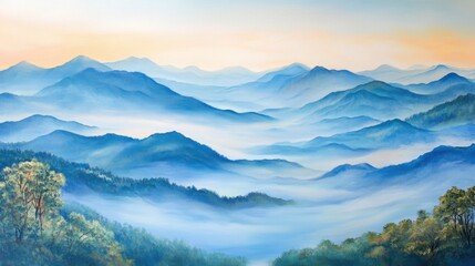 Obraz premium Tranquil view of mountain ranges, mist drifting through the valleys, soft sunlight illuminating the landscape