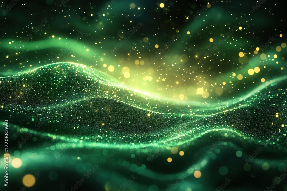 Poster green particle wave with golden bokeh background abstract digital art