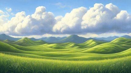 Fototapeta premium Vast expanse of mountains under a dramatic sky, soft clouds casting shadows on the peaks