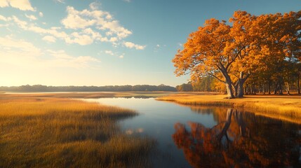 Fototapeta premium Vibrant Autumn Landscape Featuring Golden Trees and Serene Reflection on Calm Waters at Sunset in a Tranquil Nature Scene