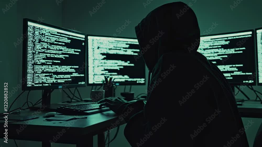 Poster silent hacker at work in dark room with multiple screens displaying code and data