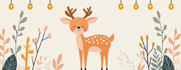 whimsical Isolated cute cartoon pastel Cute deer illustration among colorful foliage.