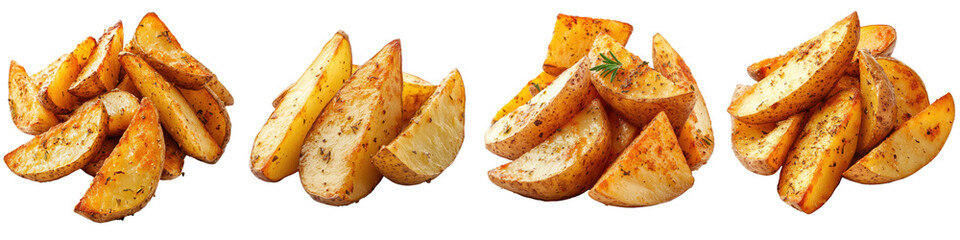 Potato Wedges – Thick-cut potato wedges baked or fried until crispy and golden brown often seasoned with herbs or spices. Isolated on Clear White Background Highly Detailed 