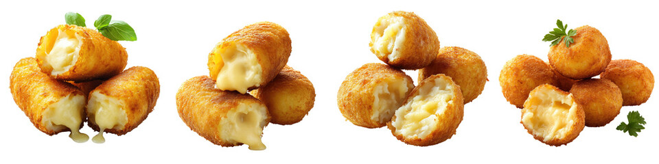 Potato Croquettes with Cheese Filling – Golden-fried potato croquettes filled with creamy cheese making for a savory snack. Isolated on Clear White Background Highly Detailed 