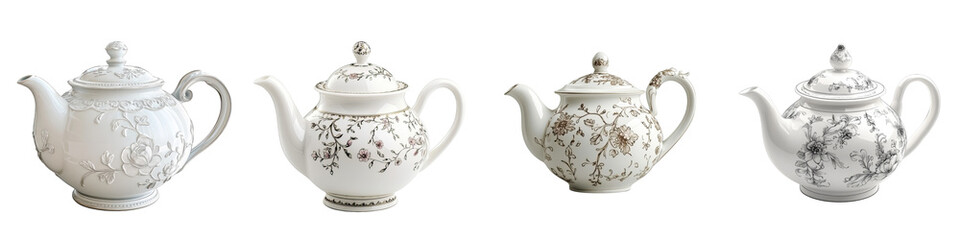 Obraz premium Porcelain Teapot – A classic white porcelain teapot often adorned with delicate floral patterns. Isolated on Clear White Background Highly Detailed