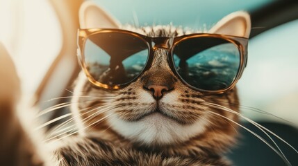 Naklejka premium A stylish cat with sunglasses exudes confidence and coolness, perfectly illustrating a unique personality that encapsulates modern pet fashion trends.