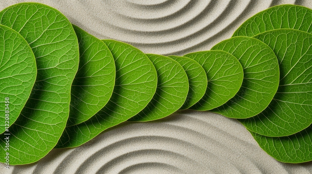 Poster harmonious leaf arrangement on sand patterns nature scene macro photography tranquil environment top