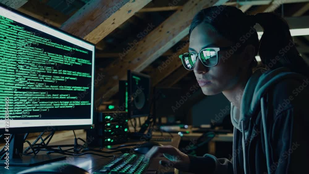 Poster expert programmer working late at night in a dimly lit room analyzing code on multiple screens