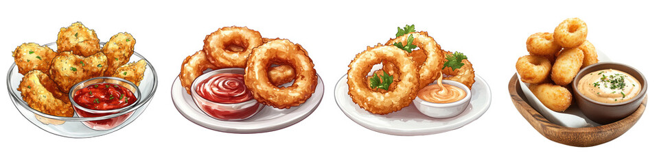 Fototapeta premium Onion Rings with Dipping Sauce – Golden crispy onion rings served with a tangy dipping sauce for a savory snack. Isolated on Clear White Background Highly Detailed