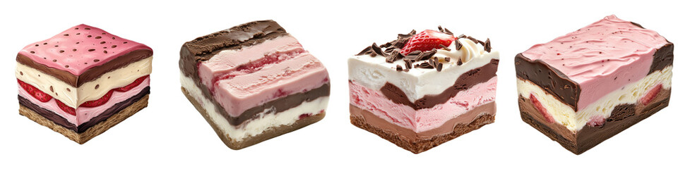 Neapolitan Ice Cream Slices &ndash; A slice of classic Neapolitan ice cream featuring layers of chocolate vanilla and strawberry flavors. Isolated on Clear White Background Highly Detailed