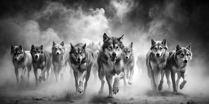 Black and White Fog, Canine Pack, Fear, Horror, Long Exposure Photo