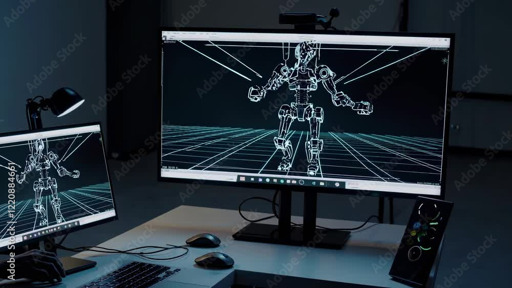 Fototapete Creating digital animations featuring a robotic character in an advanced design studio setting