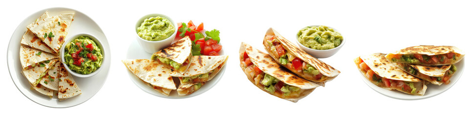 Mini Quesadillas with Guacamole Dip – Bite-sized quesadillas served with a side of creamy guacamole for a fun and flavorful appetizer. Isolated on Clear White Background Highly Detailed 