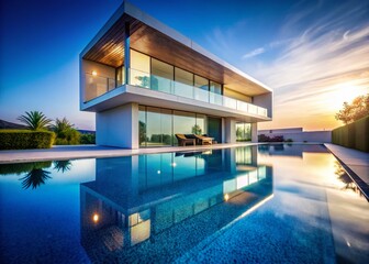 Obraz premium Modern Minimalist Glass House Infinity Pool Luxury Architecture Blue Sky Tranquil Scene