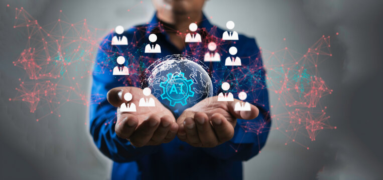 Human resources, CRM, Businessman use  to Ai technology, Artificial Intelligence find human icon for business, Customer Relation Management and, searching social media. Futuristic technology transform