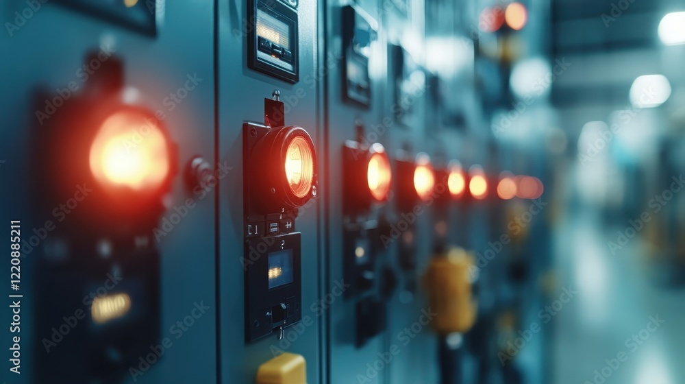 Poster a detailed view of an industrial control panel featuring bright indicator lights, capturing the high