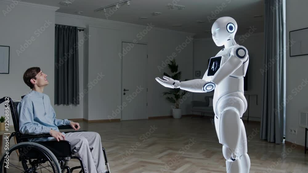 Poster interaction between a humanoid robot and a young man in a wheelchair in a modern setting