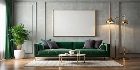 Modern Minimalist Living Room Mockup: Blank Canvas, Emerald Sofa, Gold Accents