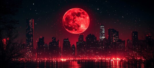 Fototapeta premium Mysterious creepy red full moon over the night city. Generative AI technology.