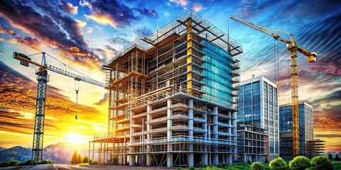 Blueprint Sketch High-Rise Construction Tower Crane Landscape Stock Photo