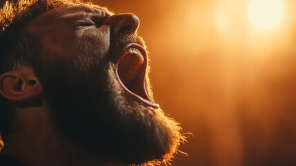 A striking close-up image of a man screaming filled with raw emotion, brilliantly captured in warm golden light, revealing the depth of human intensity and experience.