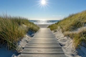 Serene beach walkway a scenic wooden boardwalk leading to the beach surrounded by dunes ocean waves and sunlight captured in a tranquil coastal landscape