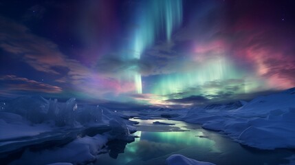 Naklejka premium A frozen tundra with ice crystals sparkling under a brilliant aurora.