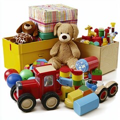 Colorful toys and gifts in storage boxes, ready for play