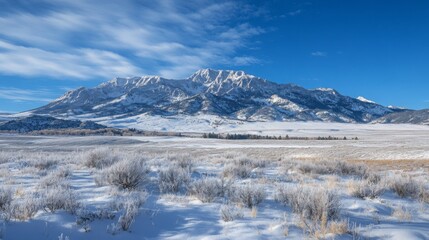 Snow-covered mountain range with a brilliant blue sky and unspoiled winter wilderness 