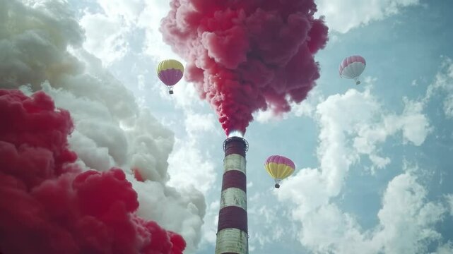 Red And White Striped Chimney Emitting Pink And White Smoke With Hot Air Balloons In A Cloudy Sky