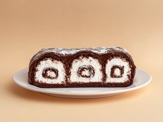 Photograph of a chocolate roll cake on a white plate, front view, flat lay, isolated against a beige background, with soft lighting, studio shot, high resolution, hyper-realistic. 