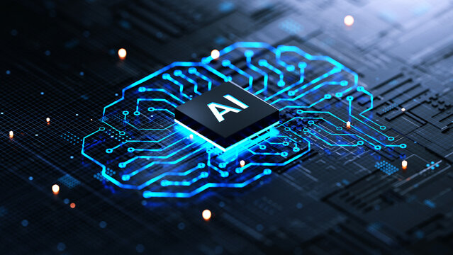AI chip on a circuit board. Symbolizes technological advancement and artificial intelligence integration. 3d rendering, conceptual image.
